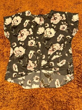 West Kei Black Floral Twist-Front Blouse with Pale Pink Flowers
